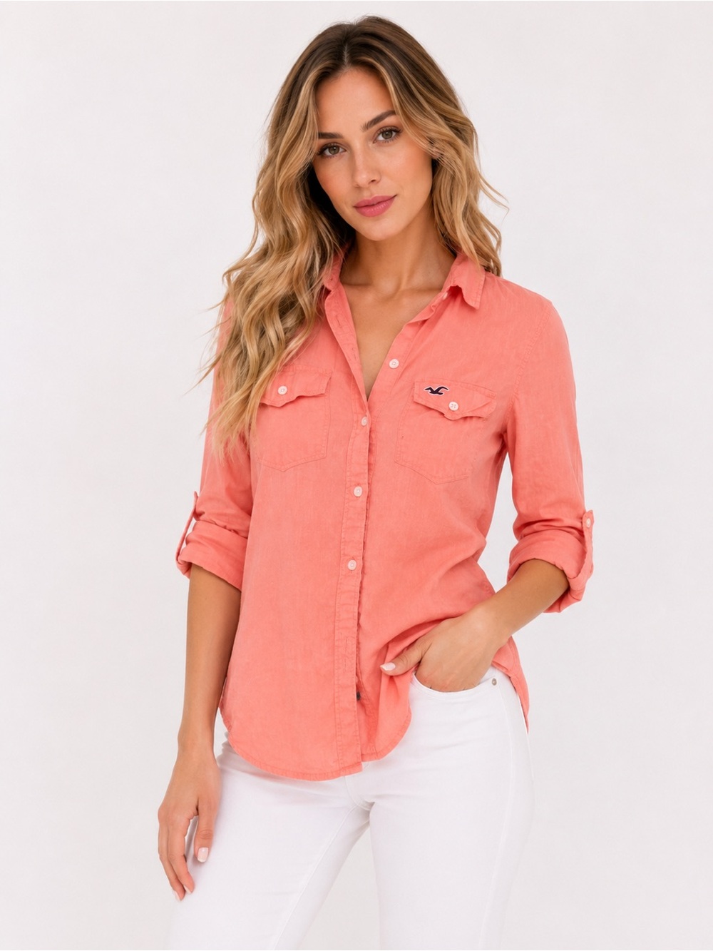 Hollister Coral Button-Front Casual Shirt